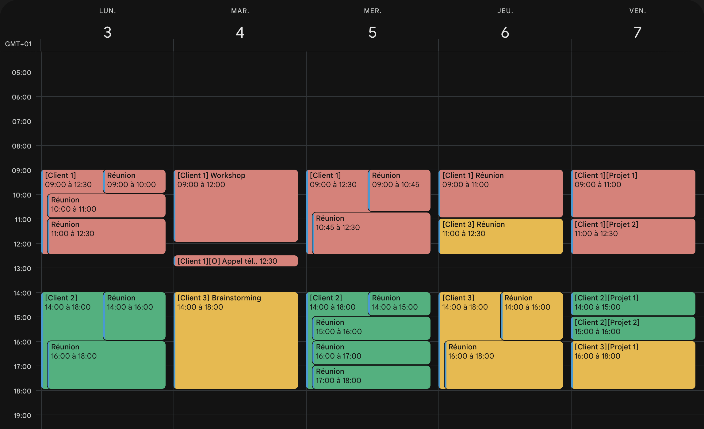 Example of a Google Calendar managed with Timescanner